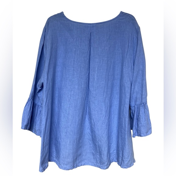 Bryn Walker Fran blue 100% linen ruffle 3/4 sleeve hi low tunic top Lagenlook - Picture 2 of 11